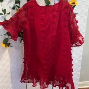 Textured Red Dress with Ruffle Bottom and Sleeves